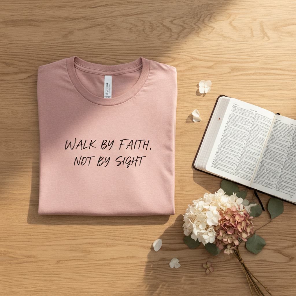 Faith scripture t-shirt in pink, flat lay with Bible and dried flowers